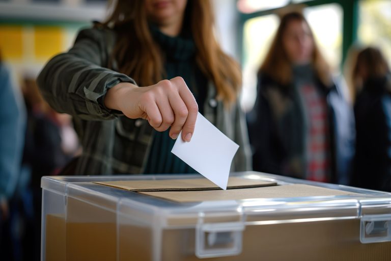 Person Depositing Voting Card Into Ballot Box for Casting Vote in Democracy